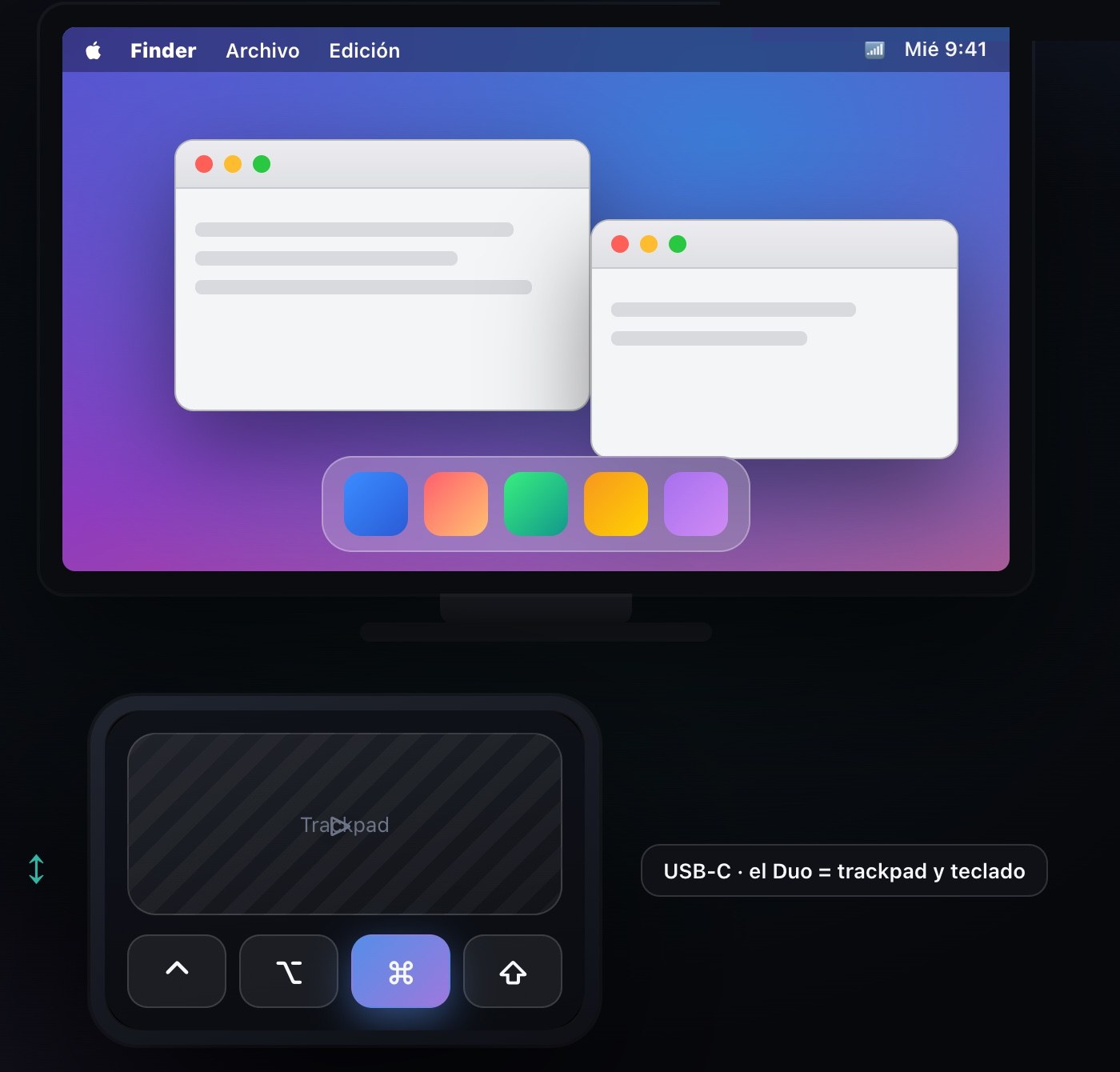 Duo connected to an external monitor showing the Mac, the Duo acting as trackpad and keyboard